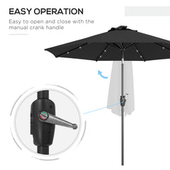 Outsunny â2.7m Garden Parasol Solar Outdoor Tilt Sun Umbrella Patio Sun Shade w/ 24 LED Light, Hand Crank and 8 Ribs, Black