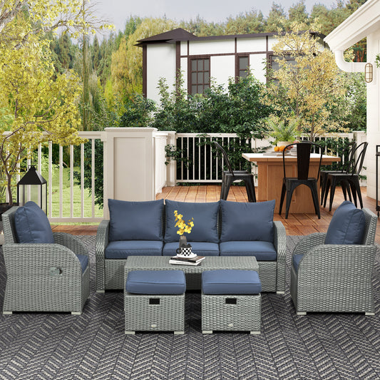 Outsunny Six-piece Outdoor Rattan Dining Set, with Reclining Armchairs - Blue