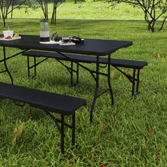 Outsunny Folding Picnic Table and Bench Set, Rattan Effect Portable Camping Table and Chairs with Carrying Handles for Indoor Outdoor, Dining, Camping, Picnic, BBQ, Party, Black