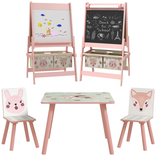 ZONEKIZ Kids Table and Chair Set and Kids Easel with Paper Roll, Storage Baskets, Kids Activity Furniture Set, Pink