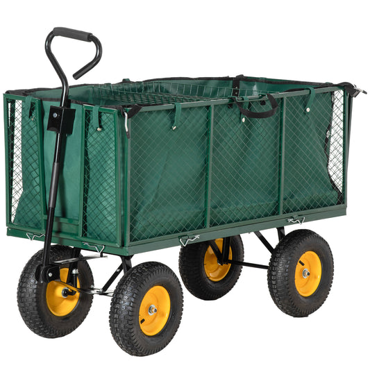 Outsunny Large 4 Wheel Heavy Duty Garden Cart Truck Trolley Wheelbarrow with Handle and Metal Frame - Green