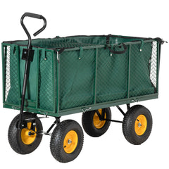 Outsunny Large 4 Wheel Heavy Duty Garden Cart Truck Trolley Wheelbarrow with Handle and Metal Frame - Green