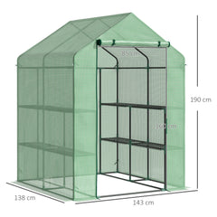 Outsunny Walk in Greenhouse with Shelves Steeple Green House for Garden Grow House Removable Cover 143x138x190cm, Green