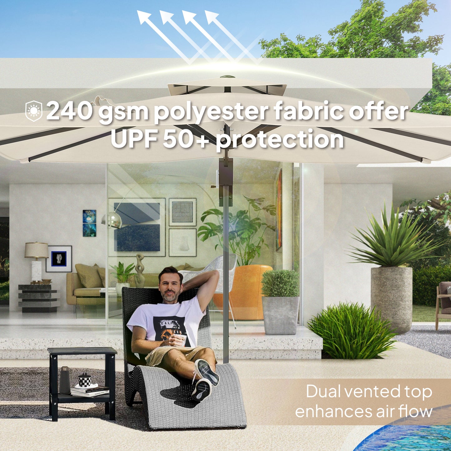 Outsunny 3.7 x 2.7 m Cantilever Parasol w/ 360√Ç¬∞ Rotation and Easy Tilt Adjustment, Aluminium Hanging Offset Outdoor Umbrella w/ Double Top and Cross Base, UPF50+ Hanging Sun Shade, Grey Wood Effect