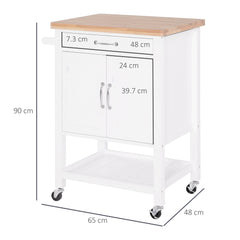 HOMCOM Kitchen Storage Trolley Cart Rolling Wheels Shelves Cupboard W/ Drawer And Towel Rail Rubber Wood Worktop White