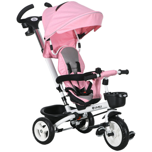 HOMCOM Metal Frame 6 in 1 Baby Push Tricycle with Parent Handle for 1-5 Years Old, Pink