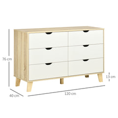 HOMCOM Bedroom Chest of Drawers, Wide 6-Drawer Dresser, Storage Drawer Unit with Wood Legs for Living Room, White and Light Brown