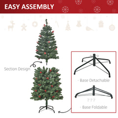 HOMCOM 5FT Prelit Artificial Pencil Christmas Tree with Warm White LED Light, Red Berry, Holiday Home Xmas Decoration, Green