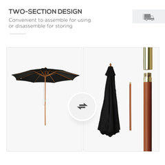 Outsunny 3(m) Garden Parasol, Pulley Operated Patio Umbrella, Wooden Table Market Umbrella with Rope Pulley Mechanism and 8 Ribs, Black