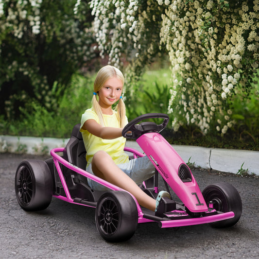 HOMCOM 24V Electric Go Kart for Kids, Drift Ride-On Racing Go Kart with 2 Speeds, for Boys Girls Aged 8-12 Years Old, Pink