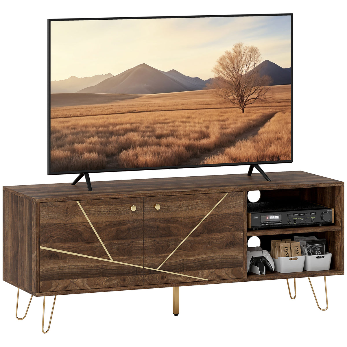 HOMCOM TV Stand Cabinet for up to 60 Inch TV, Modern 130cm TV Unit with Adjustable Shelves and Hairpin Legs, Double Door TV Cabinet for Living Room, Bedroom, Brown