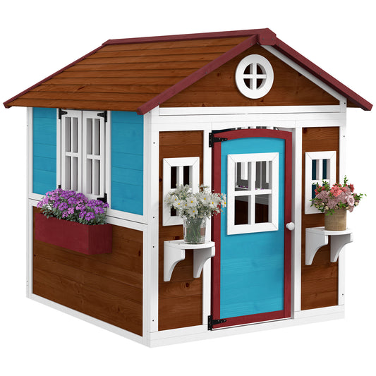 Outsunny Wooden Playhouse with Doors, Windows, Plant Pots, Boxes, for 3-8 Years - Dark Brown