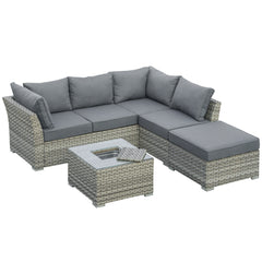 Outsunny 5-Seater Patio PE Rattan Corner Sofa Set, Outdoor Wicker Sectional Conversation Aluminum Frame Furniture Set w/ Padded Cushion, Tea Table with Ice Bucket, Light Grey