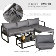 Outsunny 5 Pieces Outdoor Patio Furniture Set, Sofa Couch with Glass Coffee Table, Cushioned Chairs and Aluminum Tube, for Balcony Garden Backyard, Grey