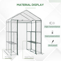 Outsunny Walk in Greenhouse with 3-Tier 8 Shelves, Green House with Hemmed Cover, Roll-up Zipped Door, Steel Frame, 143 x 143 x 195cm