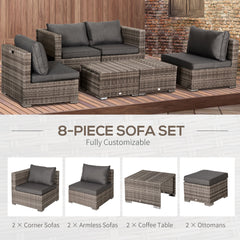 Outsunny 8 Pieces PE Rattan Sofa Set with Cushions, Garden Corner Sofa with 4 Seater Sofa, 2 Footstools and 2 Coffee Table Set, Space-saving Design, No Assembly Required, Grey