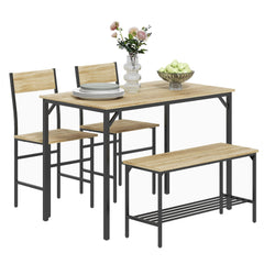 HOMCOM Square Dining Set for 4 Persons, Table, Chairs and Bench Included, Natural Wood Effect