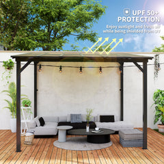 Outsunny 3 x 3(m) Metal Pergola with UPF 50+ and Waterproof Polycarbonate Roof, Wall-Mounted or Free Standing Garden Gazebo, Wind-resistant Outdoor Sun Shade, Dark Grey