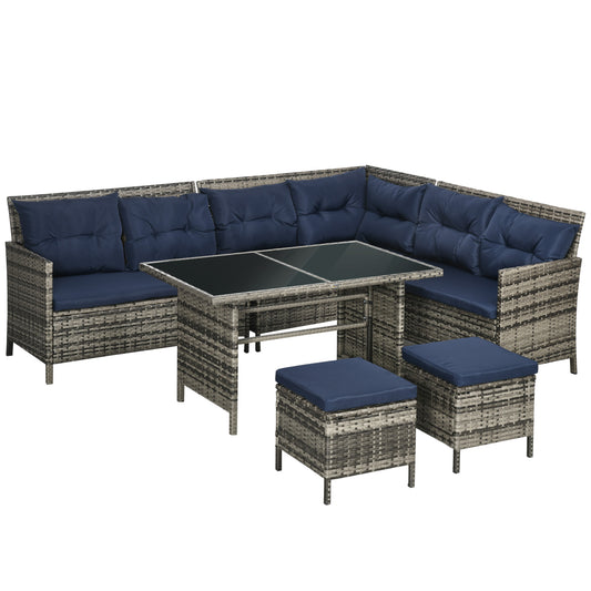 Outsunny 7-Seater Patio wicker Sofa Set Rattan Chair Furniture w/ Glass & Cushioned, Dark Blue