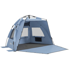 Outsunny 2-3 Person Pop Up Beach Tent, UPF15+ Sun Shelter with Extended Floor, Sandbags, Mesh Windows and Carry Bag, Light Blue