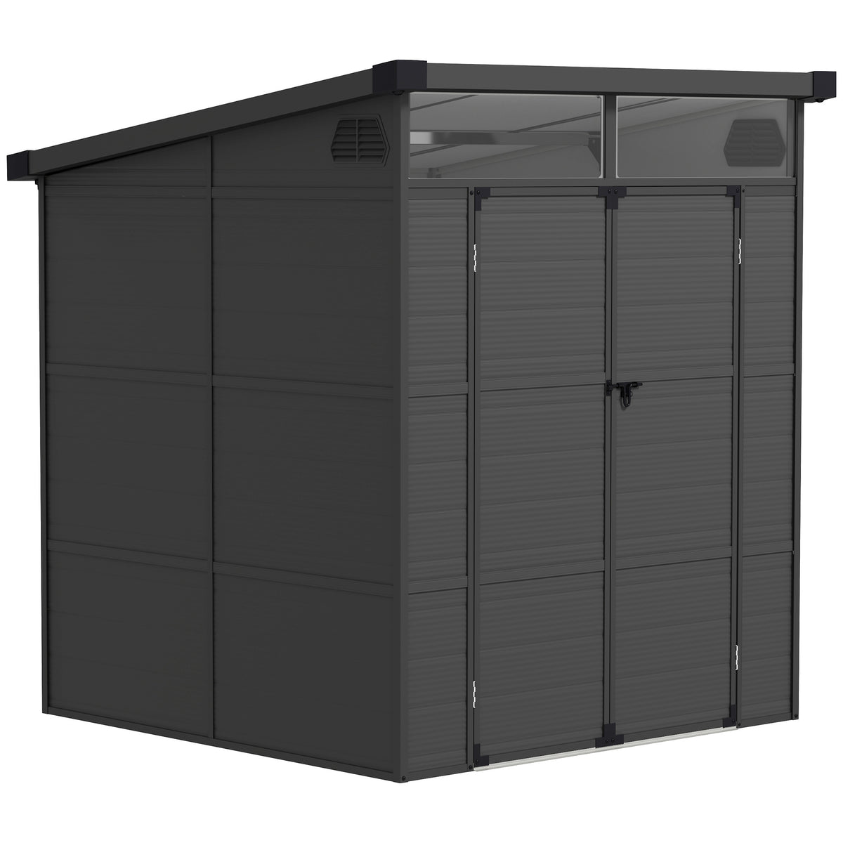 Outsunny 6 x 6ft Outdoor Storage Shed, Plastic Garden Shed with Windows and Air Vents, Outdoor Resin Tool Shed with Latch Doors for Garden, Deck, Dark Grey