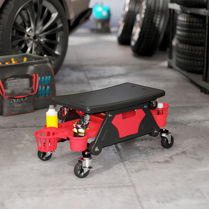 HOMCOM Rolling Mechanic Stool, 135kg Capacity Workshop Stool with 360√Ç¬∞ Swivel Wheels, Roller Creeper Seat with Slide Out Tool Trays, Drawer, Bottle Holders for Garage, Shop, Auto Repair, Red