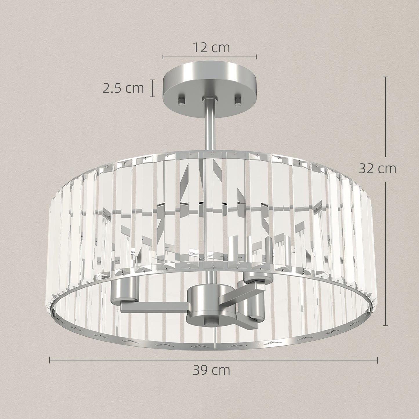 HOMCOM Crystal Ceiling Light Fixture, Semi Flush Mount Modern Crystal Chandelier Ceiling Light for Living Room, Bedroom, Hallway, Dining Room, E14 Base 3-Lights, Silver Tone