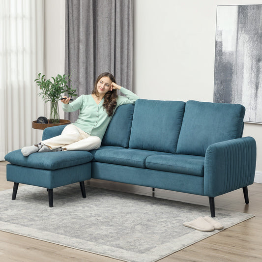 HOMCOM Corner Sofa with Reversible Chaise Lounge, Corduroy Fabric 3 Seater Sofa Settee for Living Room, L Shaped Couch with Scatter Back, Left/Right Hand, Blue