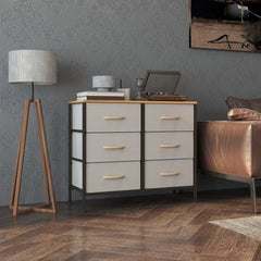 HOMCOM Fabric Chest of Drawers, Storage Drawers, Industrial Bedroom Dresser with 6 Fabric Drawers, Steel Frame and Wooden Top for Nursery, Living Room, Hallway, Cream White