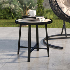 Outsunny Round Small Garden Table, 50.5cm Outdoor Side Table with SPC Tabletop, Metal Frame and Anti-slip Foot Pads for Garden, Balcony, Nature Wood Finish