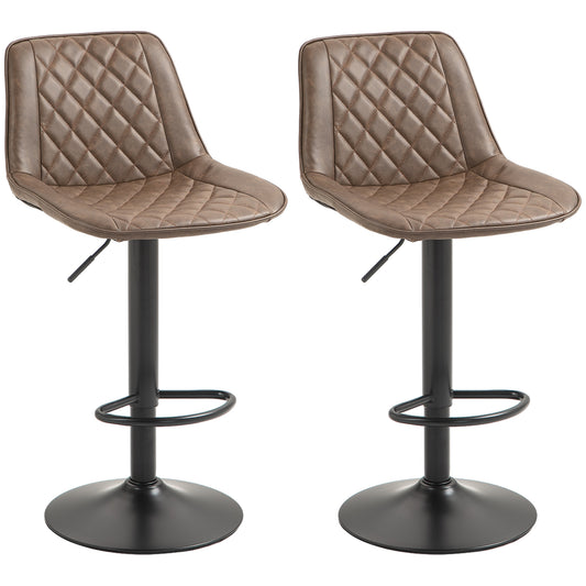 HOMCOM Bar Stools Set of 2, Retro Adjustable Kitchen Stool, Swivel PU Leather Upholstered Bar Chairs with Back, Footrest and Steel Base, Brown