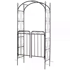 Outsunny Garden Decorative Metal Arch with Gate Outdoor Patio Trellis Arbor for Climbing Plant Archway Antique Black - 108L x 45W x 215Hcm