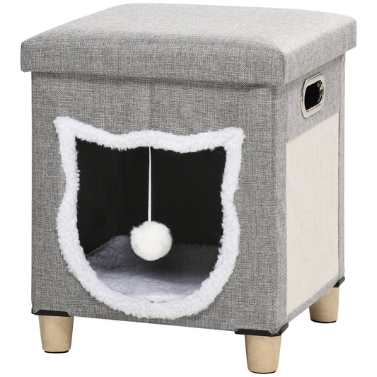 PawHut Cat House Cave, Cat Bed Cube with Scratching Pad, Soft Detachable & Washable Cushion, Toy Ball, for Indoor Kittens, Grey