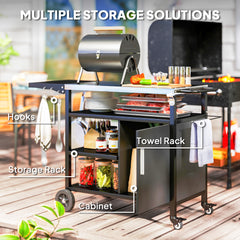 Outsunny Outdoor BBQ Trolley with Foldable Side Table, Stainless Steel Top, Outdoor Kitchen with Wheels Hooks Shelves Cabinet, Pizza Oven Table Movable Outdoor Grill Dining Cart with Cover, Black