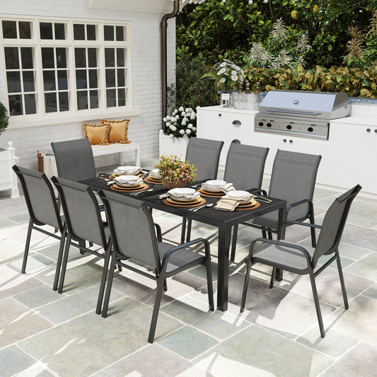 Outsunny 8 Seater Garden Dining Set with Stacking Chairs, Rectangular Tempered Glass Top, Garden Furniture Set, Outdoor Dining Table and Chairs for Patio, Balcony, Poolside, Dark Grey