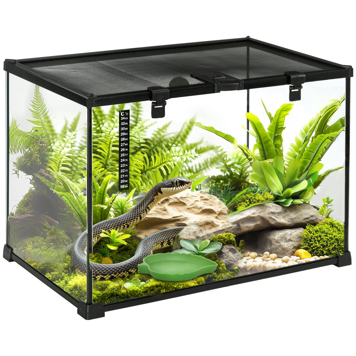 PawHut Glass Reptile Terrarium Insect Breeding Tank Vivarium Habitats with Thermometer for Lizards, Horned Frogs, Snakes, Spiders - Large 50 x 30 x 35cm