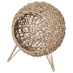 PawHut Wicker Cat Bed, Ball-Shaped Rattan Elevated Cat Basket with Three Tripod Legs, Cushion - Natural Wood Finish