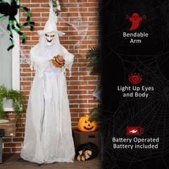 Outsunny 74 Inch Halloween Decorations White Witch Holding Pumpkin Head, Standing Skeleton Ghost Prop Life Size with Light Up Eyes and Body