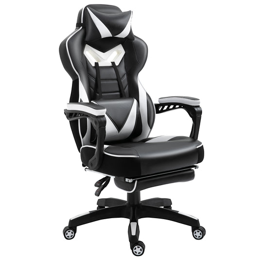 Vinsetto Computer Gaming Chair, Racing Desk Chair with Lumbar Support and Footrest, PU Leather Gamer Chair with Headrest and Swivel Wheels for Home, White