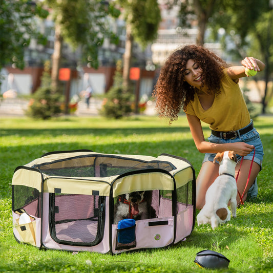 PawHut Fabric Pet Whelping Box Dog Cat Puppy Playpen Rabbit Guinea Pig Play Pen in Pink With Carry Bag Small Dia 90 x 41Hcm