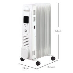 HOMCOM 1500W Digital Oil Filled Radiator, 7 Fin, Portable Electric Heater with LED Display, Built-in Timer, 3 Heat Settings, Safety Cut-Off and Remote Control, White