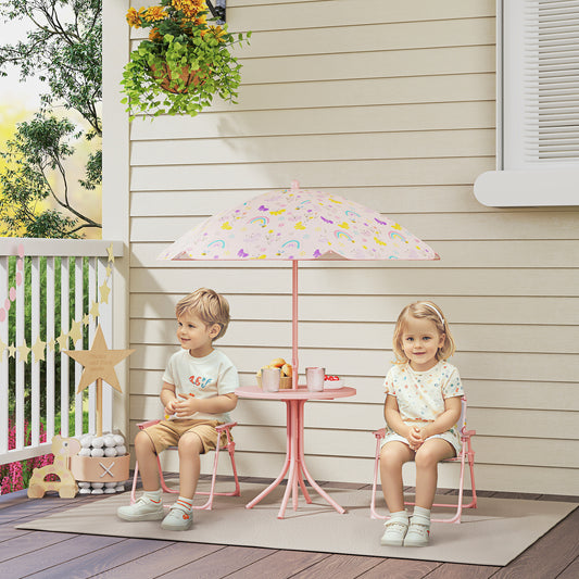 AIYAPLAY 4 Pieces Kids Garden Table and Chair Set with Adjustable Parasol, Folding Chairs, Table, Rainbow Pattern, Pink