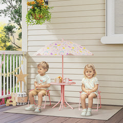 AIYAPLAY 4 Pieces Kids Garden Table and Chair Set with Adjustable Parasol, Folding Chairs, Table, Rainbow Pattern, Pink