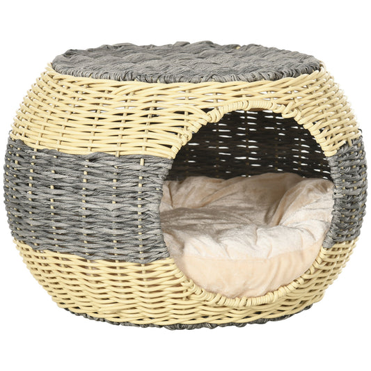 PawHut Wicker Cat House, Rattan Raised Cat Bed, Cosy Kitten Cave with Soft Washable Cushion, 40 x 30cm