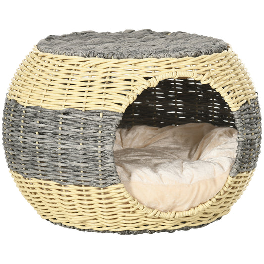 PawHut Wicker Cat House, Rattan Raised Cat Bed, Cosy Kitten Cave with Soft Washable Cushion, â40 x 30cm