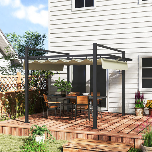 Outsunny 3 x 3m Aluminium Pergola, with Retractable Roof - Grey/Khaki