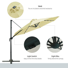 Outsunny 3(m) LED Cantilever Parasol Garden Sun Umbrella w/ Base and Solar Lights Beige