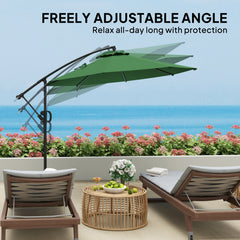 Outsunny 3(m) Garden Cantilever Parasol with Cover and Wind Protection Strap, Round Overhanging Umbrella with Crank Handle and Tilt, Banana Patio Umbrella for Outdoor Sun Shade, UPF50+, Green