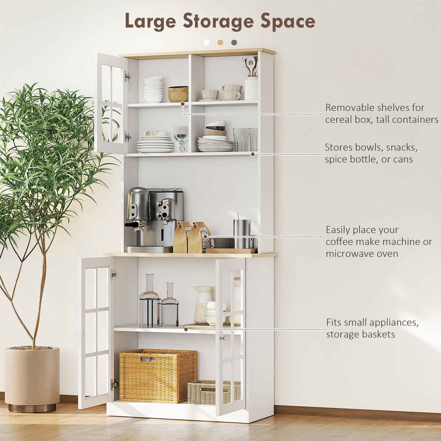HOMCOM Freestanding Kitchen Cupboard, Storage Cabinet with Doors and Adjustable Shelves, Counter Top, Grid Glass Doors, 80L x 37W x 183H cm - White