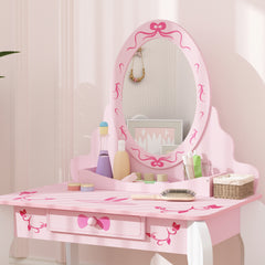 AIYAPLAY Kids Dressing Table Set, Vanity Table with Stool, Mirror, Drawer, Desktop Storage, Ballet Theme, Pink